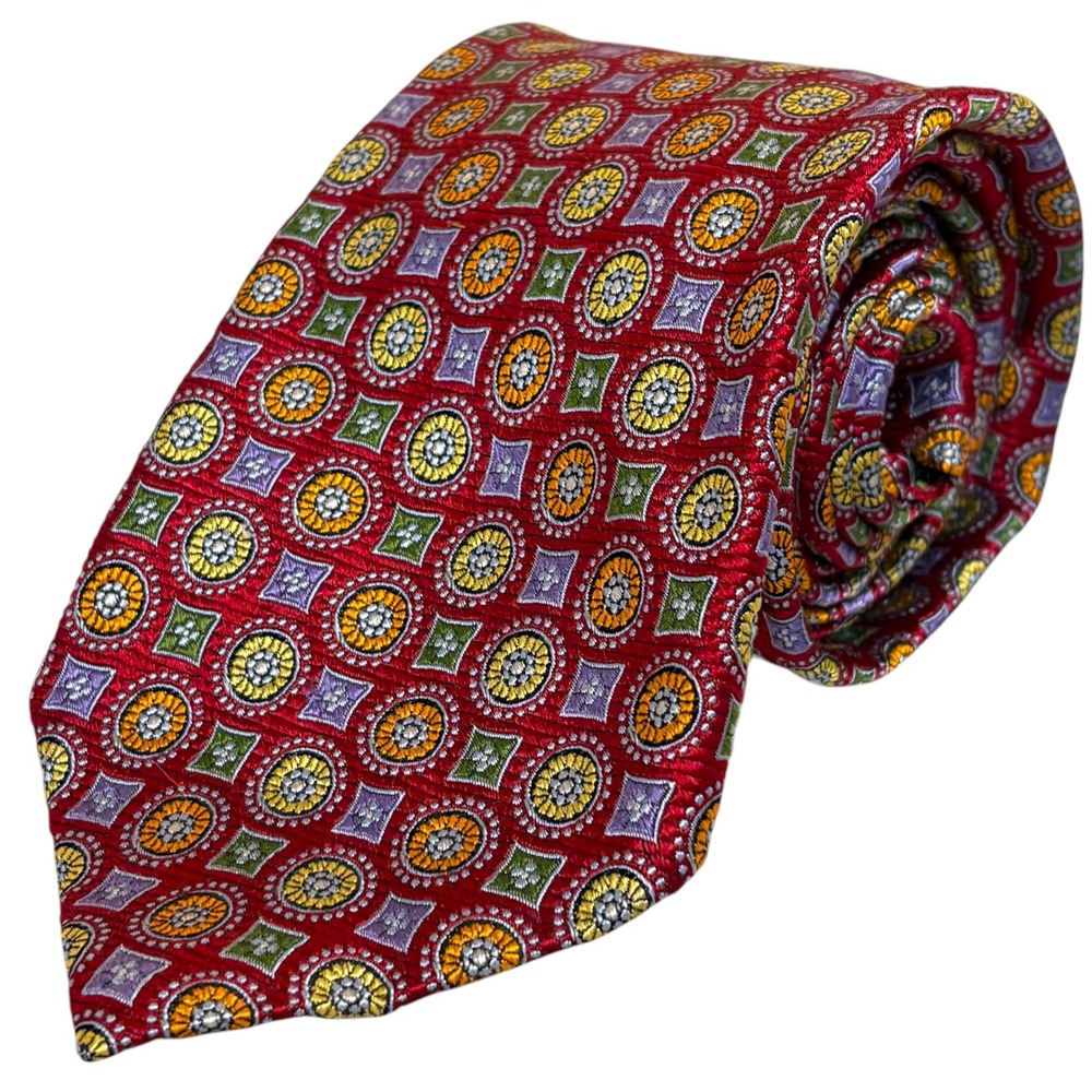 Altea Milano Mens Necktie Red Geometric Medallion Silk Handmade Italy 3.75"